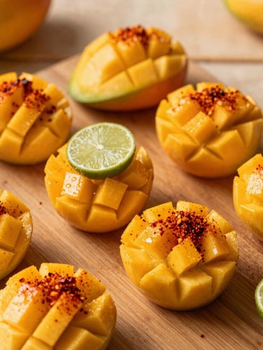 Vibrant close-up of fresh mango cups with chili powder and lime, beautifully arranged on a wooden table, warm daylight