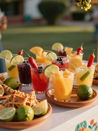 Vibrant close-up of a beautifully styled Mexican snack cart at an outdoor wedding, colorful fruit cups with lime and chili, terracotta plates, warm golden hour light, 35mm photography