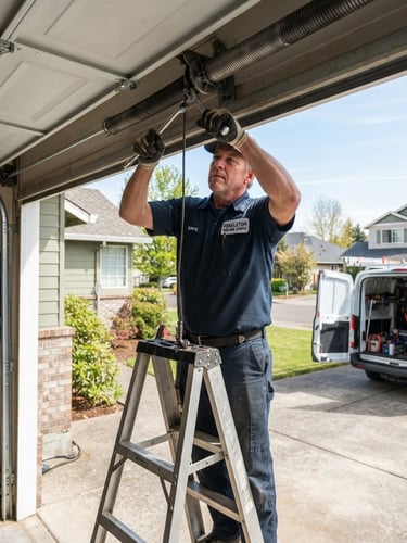 Pendleton-local technician in uniform working on a residential garage door spring, bright daylight, service truck visible in driveway, medium shot