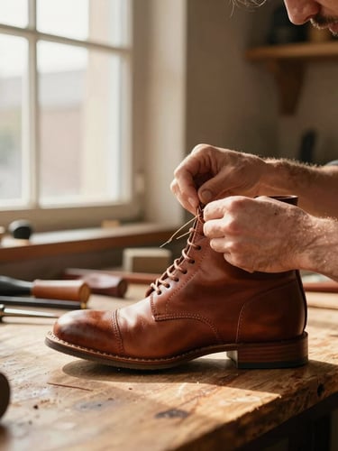 Warm editorial photography of a craftsman hand-stitching a leather boot in a rustic modern workshop, soft side window light, rich leather textures, 35mm