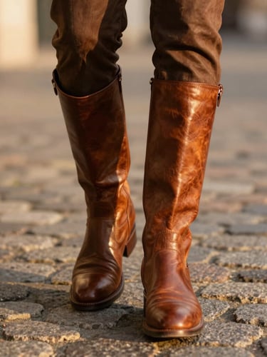 Warm editorial portrait of tobacco brown leather boots walking on cobblestone pavement, soft golden hour sunlight reflecting off the leather texture, shallow depth of field, 35mm