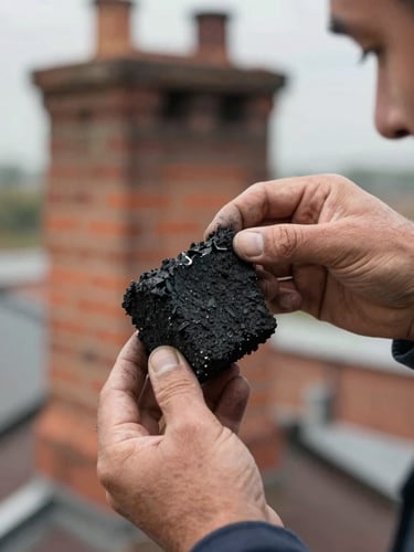 Close-up documentary shot of a technician's hands holding a creosote sample chunk removed from a flue, rough black carbon surface visible in detail, natural daylight from a nearby rooftop opening illuminating the texture, brick chimney exterior visible in soft focus background