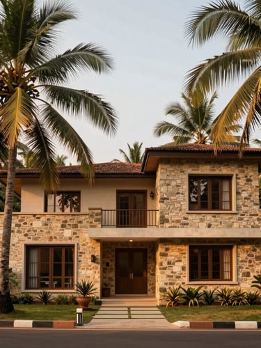 Architectural portrait of a modern laterite stone home in Mandrem, Goa, surrounded by dense palm trees, soft golden hour light.