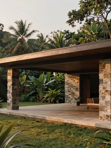 Wide-angle architectural photograph of a minimalist tropical pavilion in Goa, open-air pavilion with deep eaves, laterite stone pillars, surrounding lush jungle foliage, soft morning light.