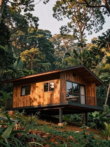 Low-angle architectural photograph of a modern timber cabin integrated into a steep forested hillside in Karnataka, soft morning light filtering through the dense canopy.