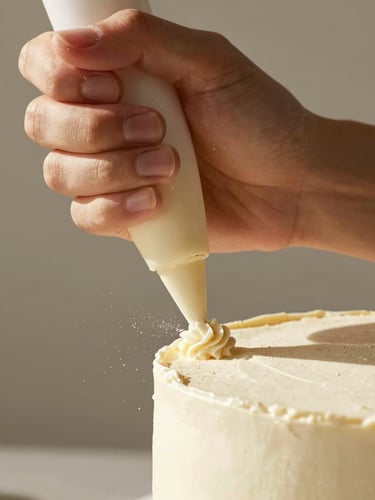 Close-up of artisan hands carefully piping delicate cream onto a modern cake, flour dust in the air, soft natural side-lit daylight, warm tones, 50mm lens