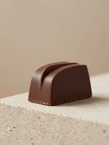 Elegant macro food photography of a minimalist chocolate entremet with sharp architectural lines, placed on a textured plaster pedestal, soft natural side-light, warm earthy tones, 50mm lens