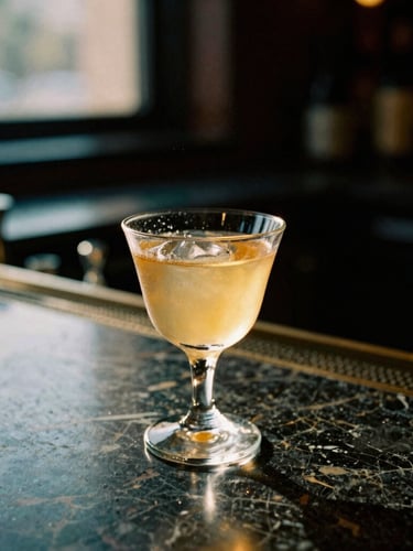 Moody close-up of a classic cocktail on a dark marble bar, warm golden-hour window light reflecting off glassware, rich shadows, 35mm film