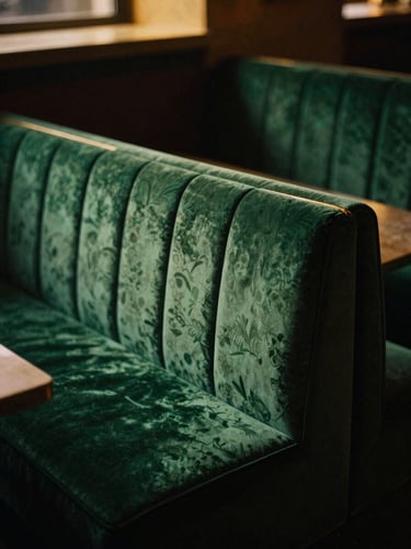 Moody close-up of empty emerald velvet booths bathed in soft golden spotlighting, warm ambient shadows, 35mm film style.