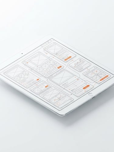 Isometric digital 3D render of a clean tablet mockup displaying an interactive UI wireframe, bright high-key studio lighting, minimalist tech aesthetic, orange accent highlights, sharp focus.