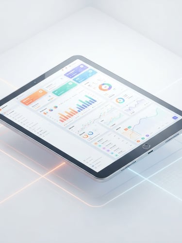 Isometric clean digital 3D render of a sleek tablet displaying a high-fidelity SaaS dashboard interface, floating on a bright minimalist white studio background with soft orange accent lines.