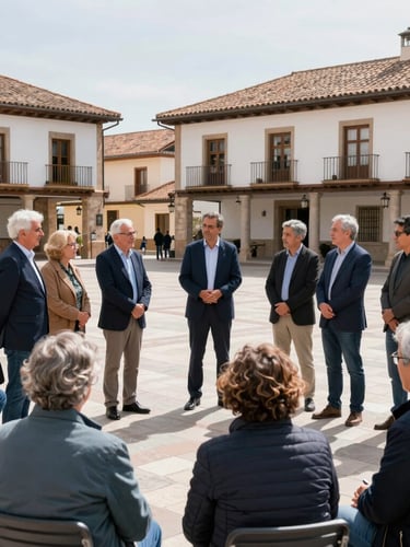 Active community gathering in the central plaza of Guadarrama, local residents talking with municipal representatives under bright morning sun, authentic candid moment, professional editorial photography, 35mm lens.