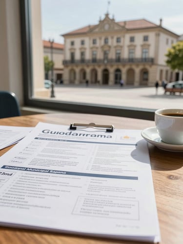 Bright editorial photography of a printed municipal information bulletin resting on a wooden table next to a cup of coffee, soft natural morning light coming from a window, Guadarrama town hall square visible blurred in the background, professional 35mm lens shot.