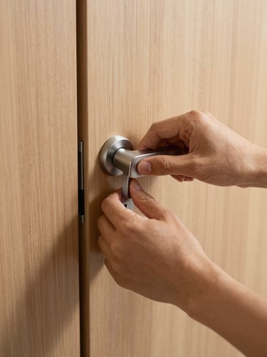 Close-up of clean hands adjusting modern door hardware on a solid wood door, natural bright Swiss daylight