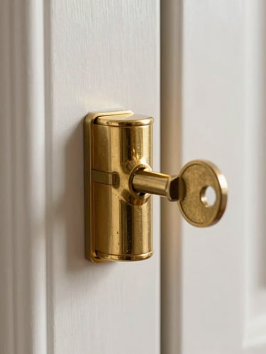 Macro shot of a high-quality brass lock cylinder with a key partially inserted, bright neutral daylight, clean architectural door frame