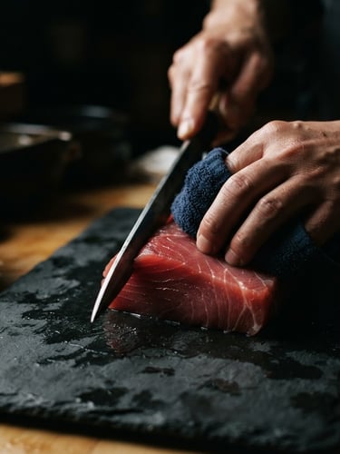 Moody close-up of a Japanese chef's hand slicing fresh red tuna with a traditional Yanagiba knife, dramatic side-lighting, dark slate background, high contrast