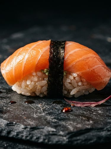 Macro photograph of a single pristine salmon nigiri on dark slate, dramatic side-lighting, crimson accents, 50mm lens