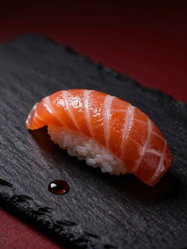 Macro portrait of structured salmon nigiri sushi placed on a textured black stone plate, single drop of soy sauce, dramatic side-lighting, dark background with deep red accents.