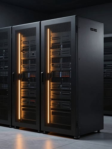 Sleek corporate technology photography of a modern server room, dark moody background with sharp golden-orange light accents highlighting clean architectural lines, 35mm.