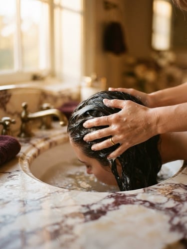 Elegant close-up of hands gently washing hair in a luxurious marble sink, warm golden-hour window light, soft focus, 35mm