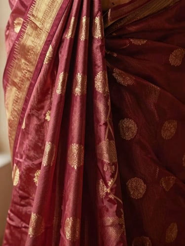 Detailed macro shot of rich silk saree pleats in deep crimson and gold thread, showing intricate texture, warm side lighting.