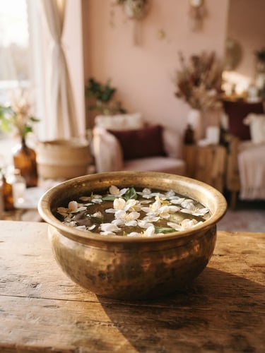 Close-up of warm golden-hour light catching a brass vessel with floating jasmine petals inside a serene, blush-toned salon interior, soft focus, 35mm