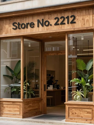 A close-up architectural view of the warm wood-and-glass storefront facade of Store No. 2212 in Alexandria. Soft, natural overcast daylight illuminates the minimalist entryway, with lush green botanical accents visible through the clean glass pane.
