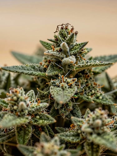 Macro close-up of fresh raw botanical details, soft natural overcast daylight, high-contrast rich green trichomes against a warm muted wood background.