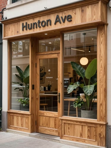 Soft natural overcast daylight illuminating the warm wood-and-glass interior of the Huntington Ave storefront, clean botanical details.