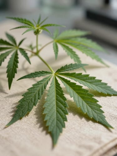 Macro close-up of fresh green botanical cannabis leaves resting on a warm linen surface, soft overcast afternoon light casting gentle shadows, clean laboratory aesthetic.