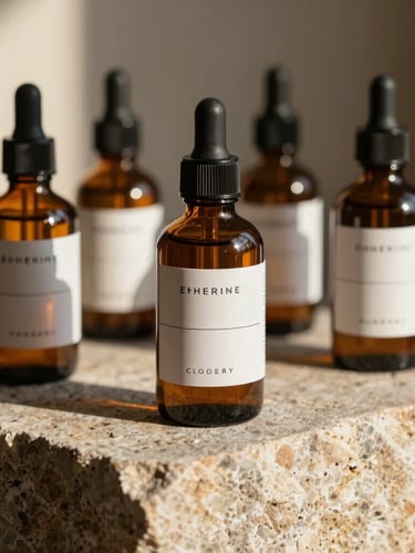 Close-up of elegant amber glass cosmetic bottles with minimalist labels, resting on a rough stone block under warm afternoon sunlight.