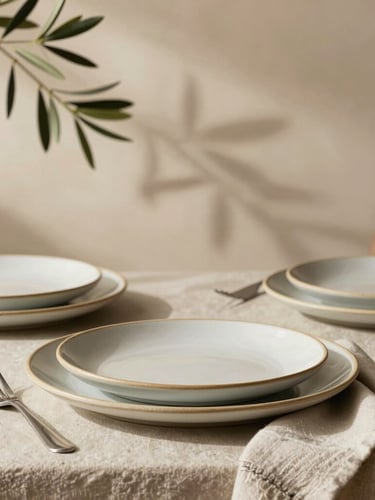 A beautifully styled table with ceramic plates and linen napkins, soft shadows of olive branches on a warm plaster wall.