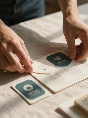 Close-up of hands arranging tactile brand collateral on a linen surface under warm, diffused afternoon sunlight, soft shadows