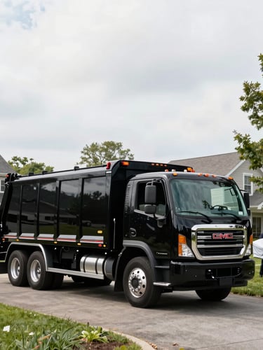 A gleaming, freshly washed black GMG cleanout truck parked on a pristine residential driveway in the Hudson Valley. Bright morning daylight, clean overcast sky. Uniformed crew members carefully carrying items wrapped in moving blankets in the background. Wide environmental shot showing property scale.