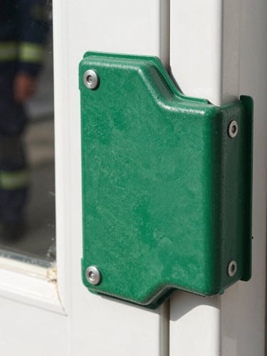 Close-up of a heavy-duty green corner guard attached to a white door frame, with a blurred uniformed worker in the background, crisp natural light.