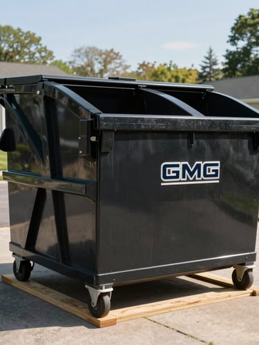 A gleaming, freshly washed black GMG dumpster sitting perfectly positioned on protective wooden planks on a pristine Peekskill driveway. Bright morning daylight, clean Hudson Valley sky, sharp focus on the property protection details.