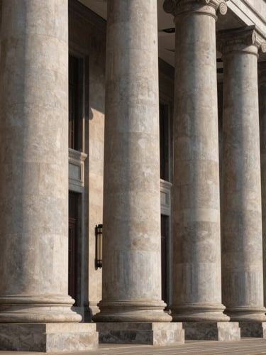 Formal architectural crop of a sovereign financial institution in Jakarta, towering classical stone pillars, clean geometric lines, crisp morning sunlight casting deep shadows, authoritative and institutional atmosphere.
