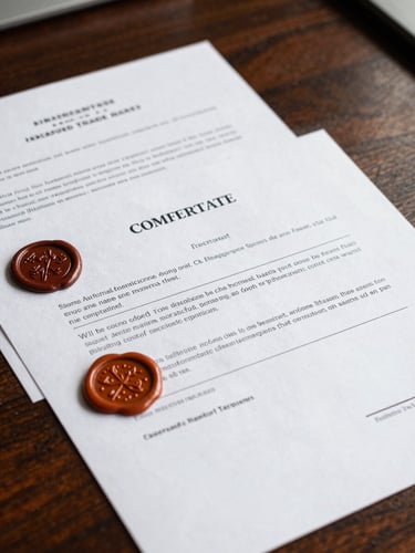 Close-up of physical international trade documents and bank comfort letters resting on a dark mahogany desk, crisp natural daylight highlighting official wax seals and fine print, formal composition.