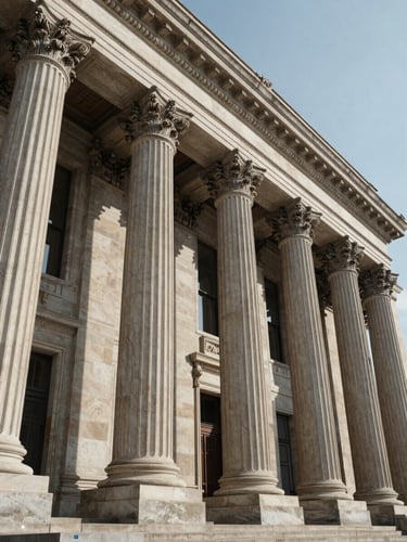 Low-angle architectural view of a neoclassical sovereign financial institution, strong structured stone columns, deep shadows, crisp daylight, formal and commanding composition.
