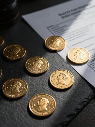 A formal, close-up study of physical trade finance documents with official gold-embossed sovereign seals on a dark slate surface, dramatic low-key lighting casting sharp shadows, highly structured architectural composition.