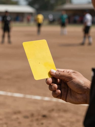Tight close-up of a referee's hand holding a yellow card against a blurred background of a packed dirt field, harsh lighting, high contrast, gritty street-sport aesthetic.