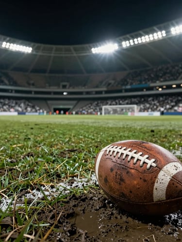 Low-angle dynamic shot of a muddy football pitch in Porto Alegre under dramatic stadium floodlights, a worn leather ball in the foreground, intense shadows, gritty texture.