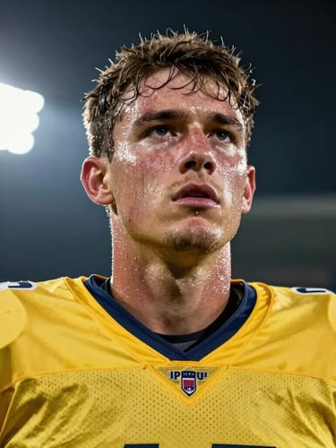 Low-angle heroic shot of a young football player in a yellow jersey, sweat-streaked face of determination, dramatic stadium floodlights, high contrast shadows.