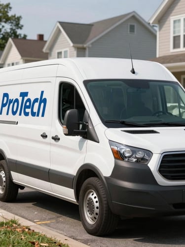 A clean, branded ProTech service van parked on a quiet suburban street in Pennsylvania, bright daylight, realistic setting