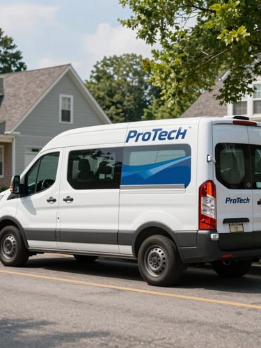 Wide environmental shot of a branded ProTech service van parked in a clean suburban Pennsylvania neighborhood, bright natural daylight.