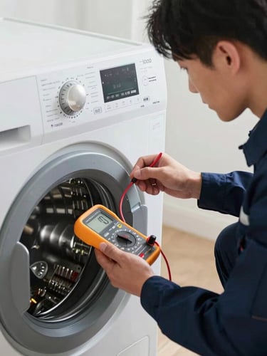 Medium close-up of a technician in a navy uniform testing the electrical control board of a modern front-load washing machine with a digital multimeter, bright clean natural lighting.
