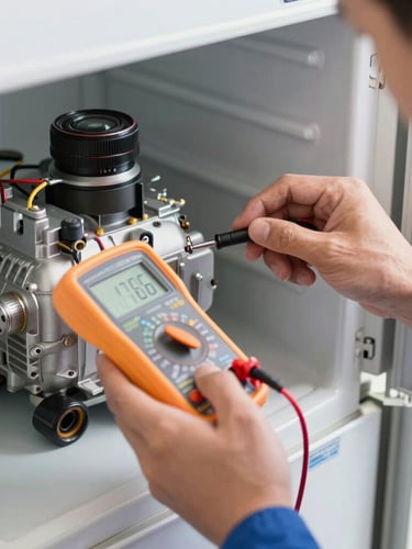 Medium close-up of a technician's hands testing a modern refrigerator compressor with a digital multimeter, bright clean natural lighting, focused on technical precision.