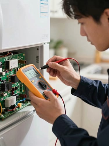 A close-up of a technician in a dark navy uniform using a digital multimeter to test a refrigerator control board, bright daylight, clean modern kitchen background.