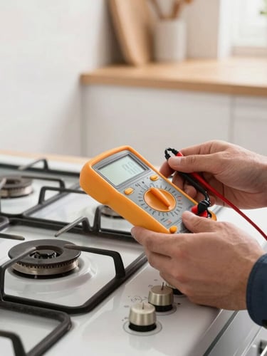 Medium close-up of hands-on technical work, a certified technician testing a gas range burner with a digital multimeter, bright natural kitchen lighting, clean modern home interior.