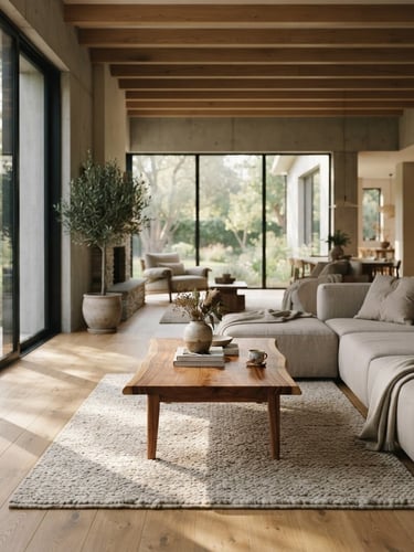 Wide panoramic view of a sun-dappled modern living room featuring a Swara Furniture solid wood coffee table and a minimalist sofa, soft diffused daylight, architectural composition, shallow depth of field, expansive space around the furniture, no people.
